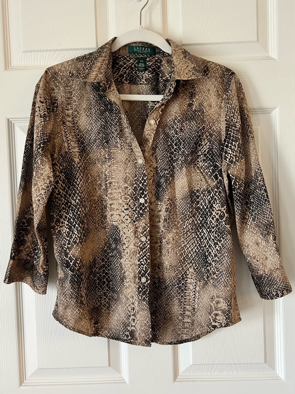 Lauren Ralph Lauren Snake Print Button Front Shirt Brown Black LP Petite